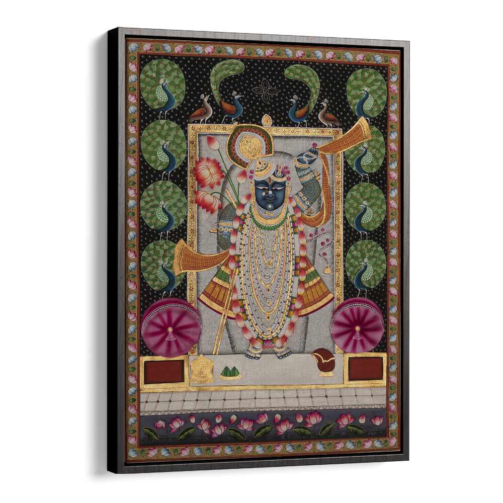 Vibrant PICHWAI ART II, INDIAN ART PAINTINGS, showcasing rich culture and spirituality in a stunning black floater frame.