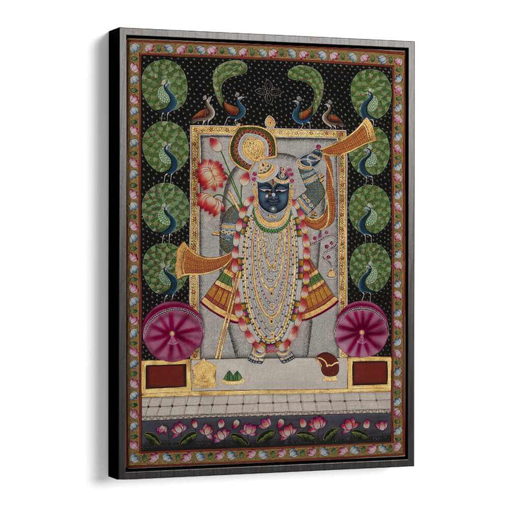 Vibrant PICHWAI ART II, INDIAN ART PAINTINGS, showcasing rich culture and spirituality in a stunning black floater frame.