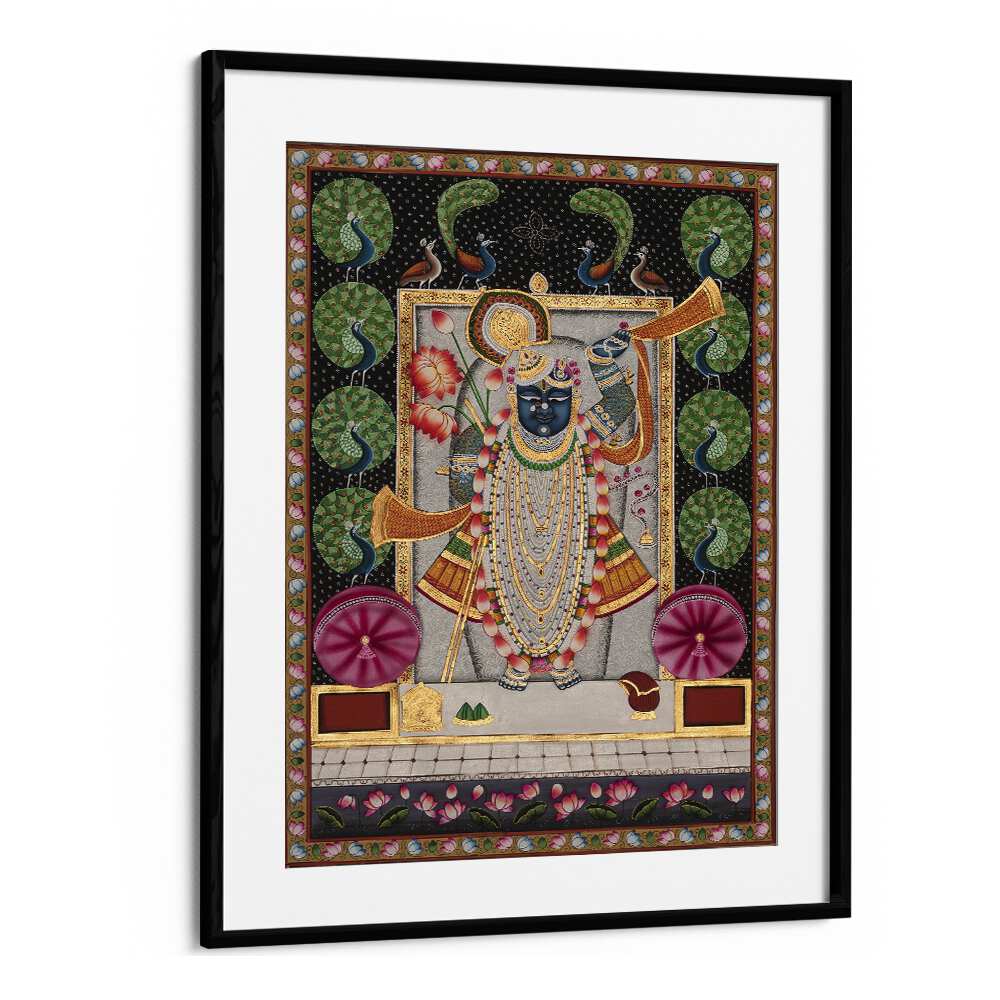 Elegant PICHWAI ART II, INDIAN ART PAINTINGS in a black frame, showcasing vibrant Indian culture and spirituality.