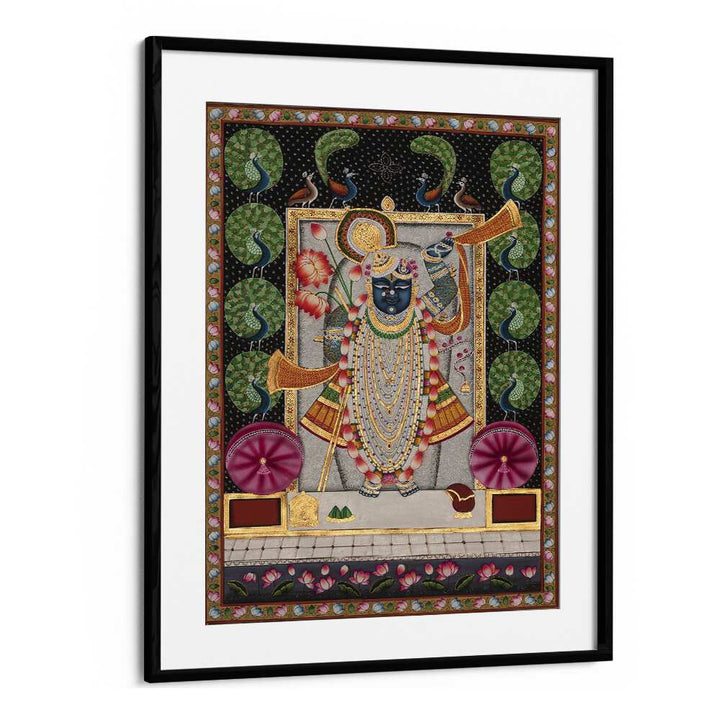 Elegant PICHWAI ART II, INDIAN ART PAINTINGS in a black frame, showcasing vibrant Indian culture and spirituality.
