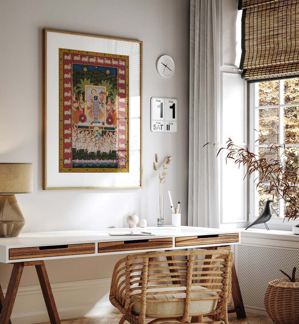 Elegant PICHWAI ART III, INDIAN ART PAINTINGS depicting Lord Krishna with Gopis and cows, perfect for your decor.