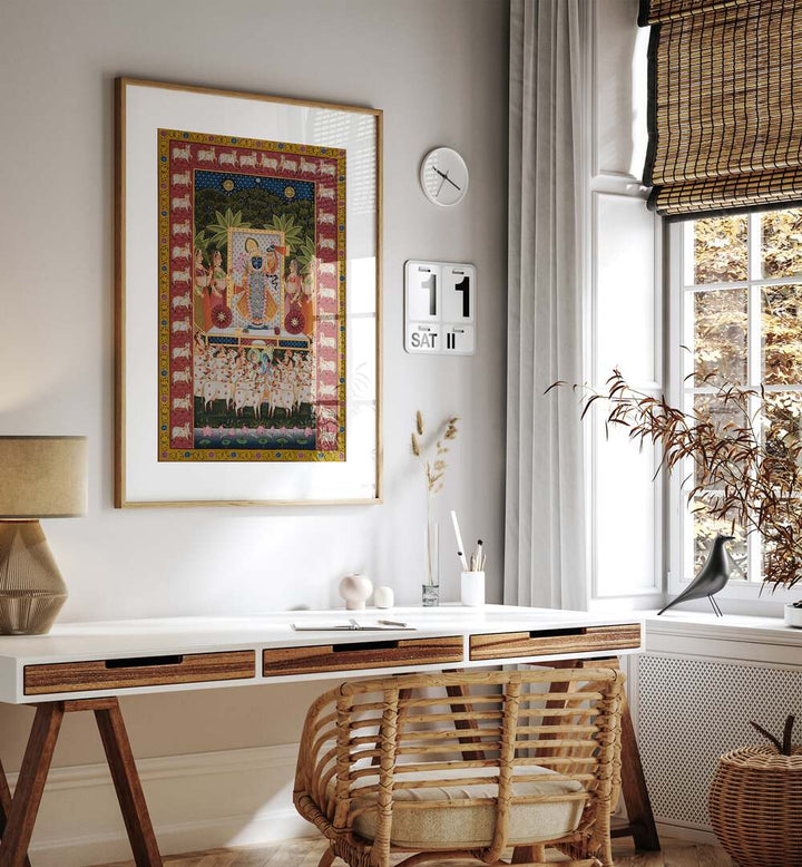 Elegant PICHWAI ART III, INDIAN ART PAINTINGS depicting Lord Krishna with Gopis and cows, perfect for your decor.