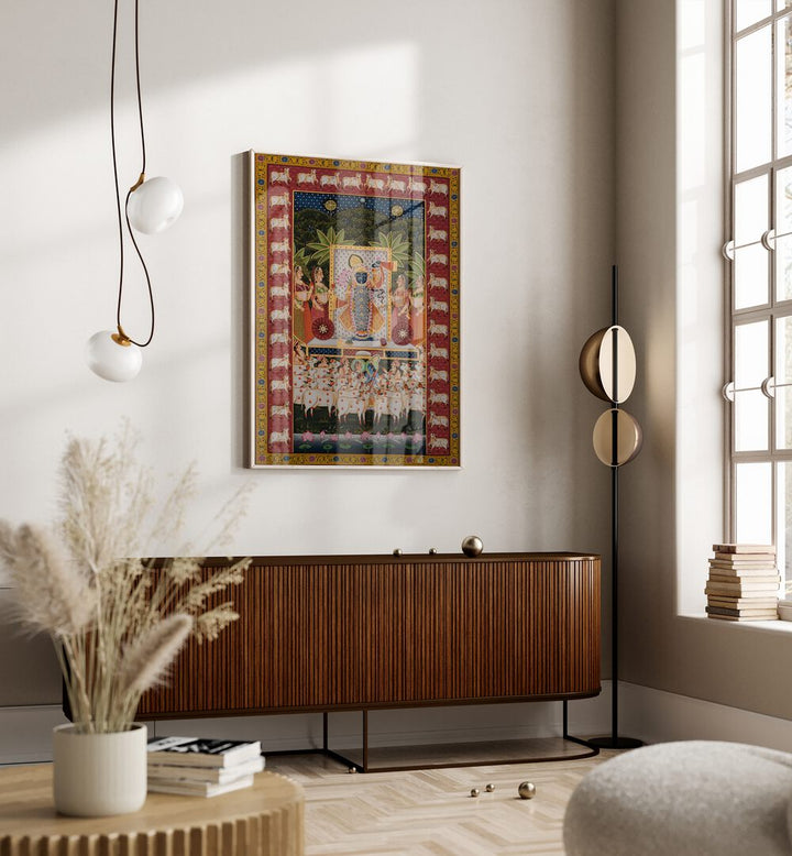 PICHWAI ART III, INDIAN ART PAINTINGS beautifully depicts Lord Krishna with Gopis, enhancing your space's elegance.