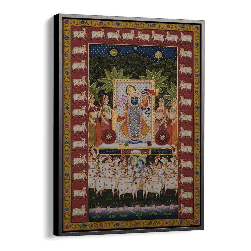 PICHWAI ART III, INDIAN ART PAINTINGS showcases Lord Krishna with Gopis and cows, perfect for elegant decor.