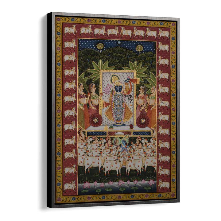 PICHWAI ART III, INDIAN ART PAINTINGS showcases Lord Krishna with Gopis and cows, perfect for elegant decor.