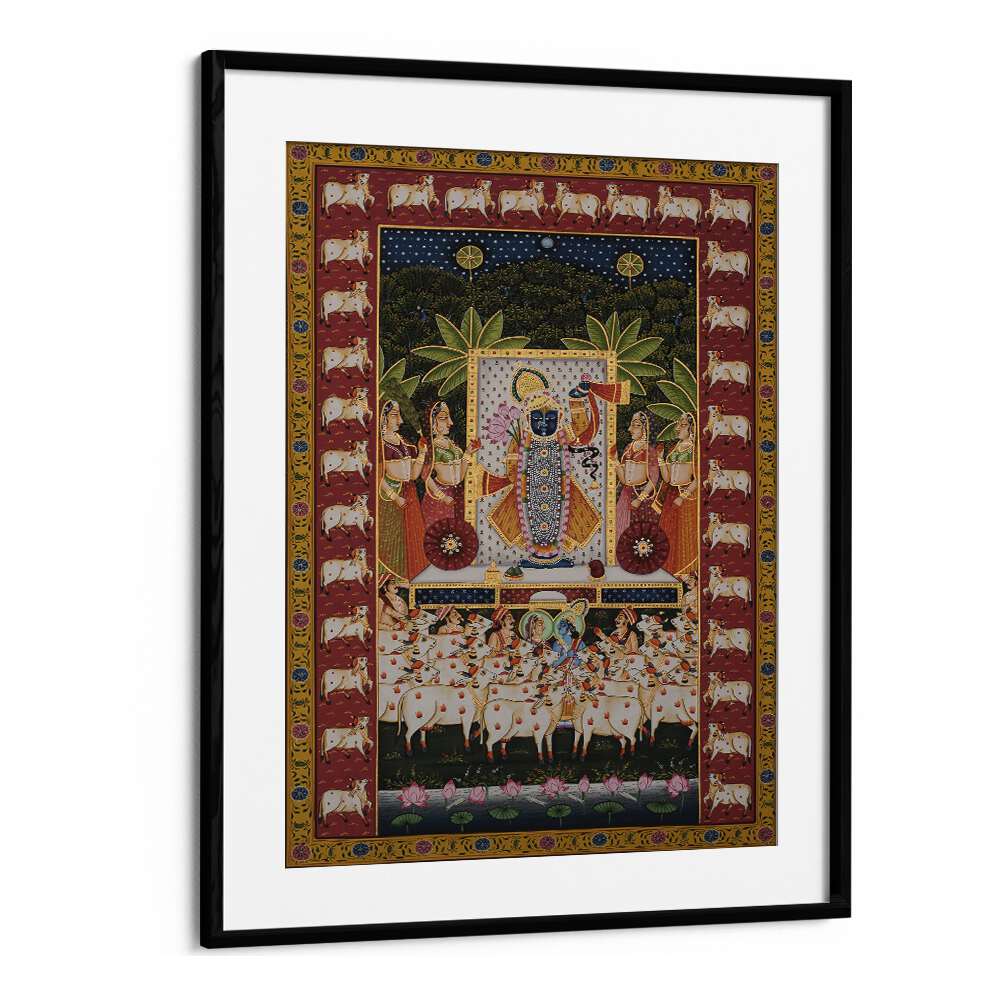 PICHWAI ART III, INDIAN ART PAINTINGS showcases Lord Krishna with Gopis and cows, perfect for elegant living spaces.
