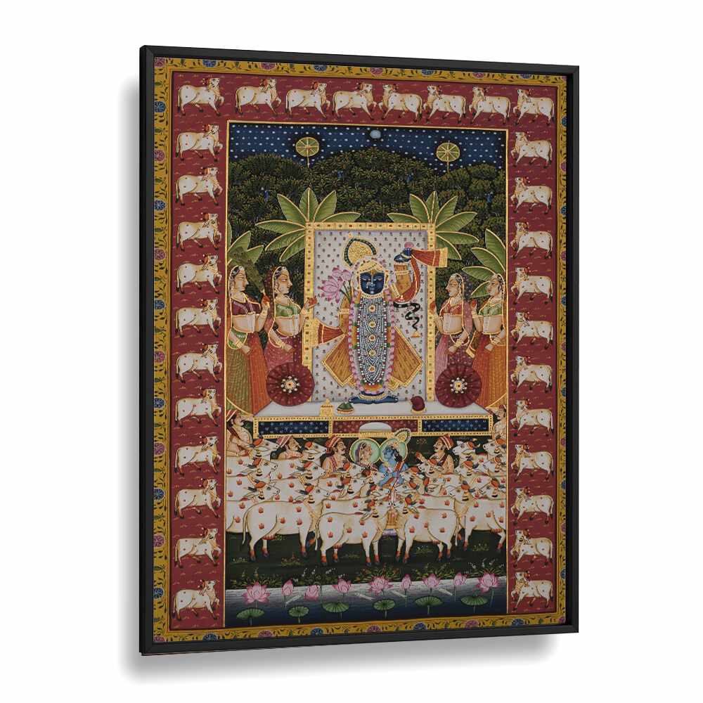 PICHWAI ART III, INDIAN ART PAINTINGS showcases Lord Krishna with Gopis and cows, enhancing your living space.