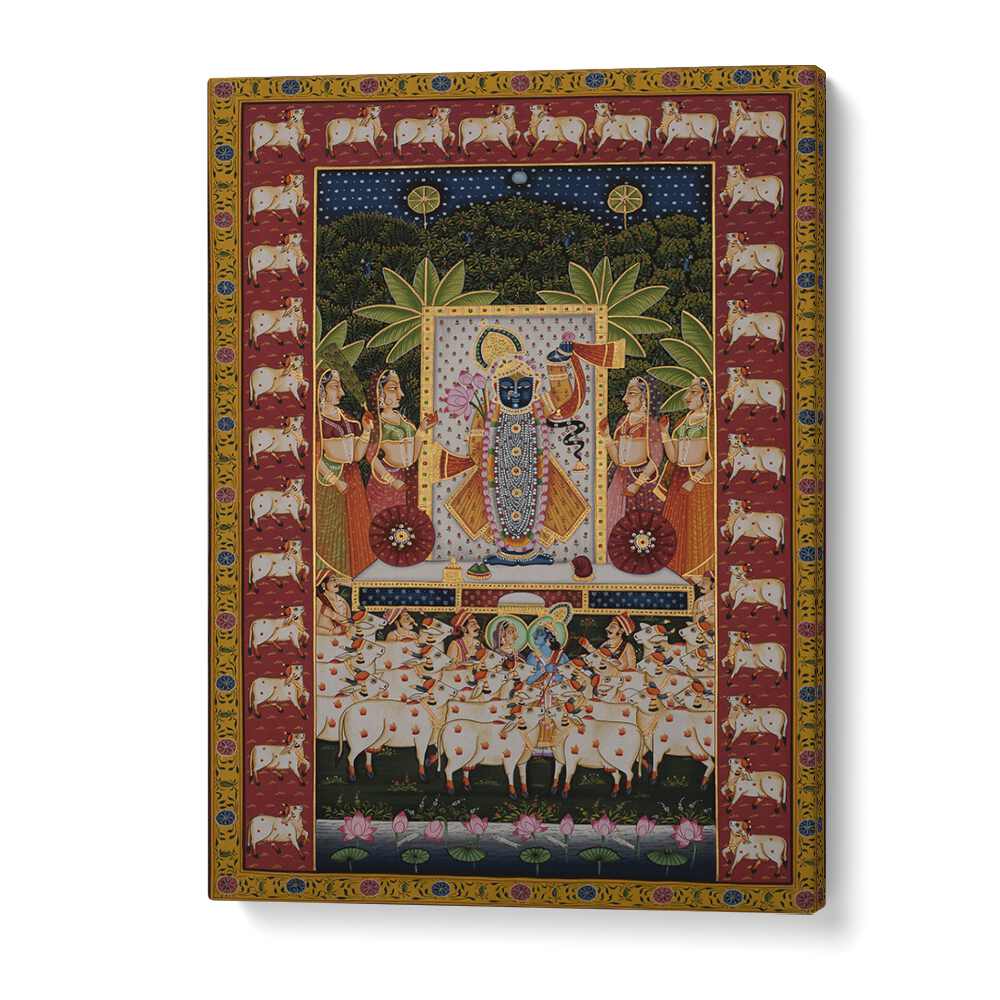 PICHWAI ART III, INDIAN ART PAINTINGS beautifully depicts Lord Krishna with Gopis and cows, enhancing your space's elegance.