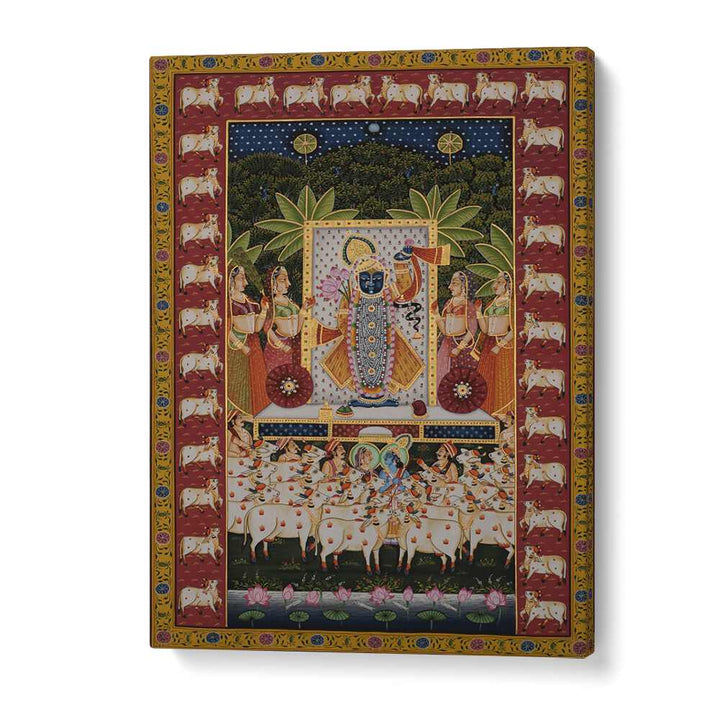 PICHWAI ART III, INDIAN ART PAINTINGS beautifully depicts Lord Krishna with Gopis and cows, enhancing your space's elegance.
