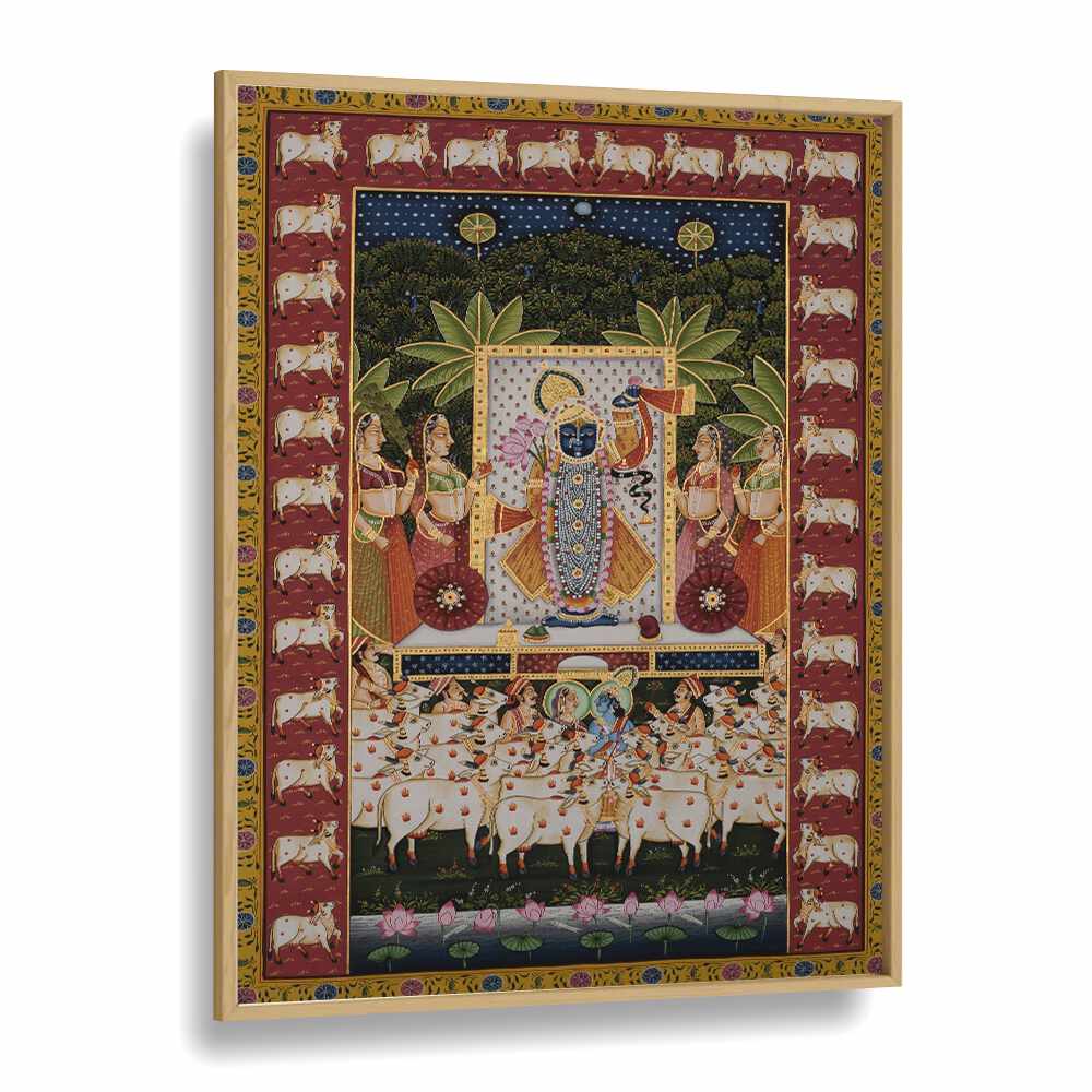 PICHWAI ART III, INDIAN ART PAINTINGS featuring Lord Krishna with Gopis and cows, perfect for elegant decor.