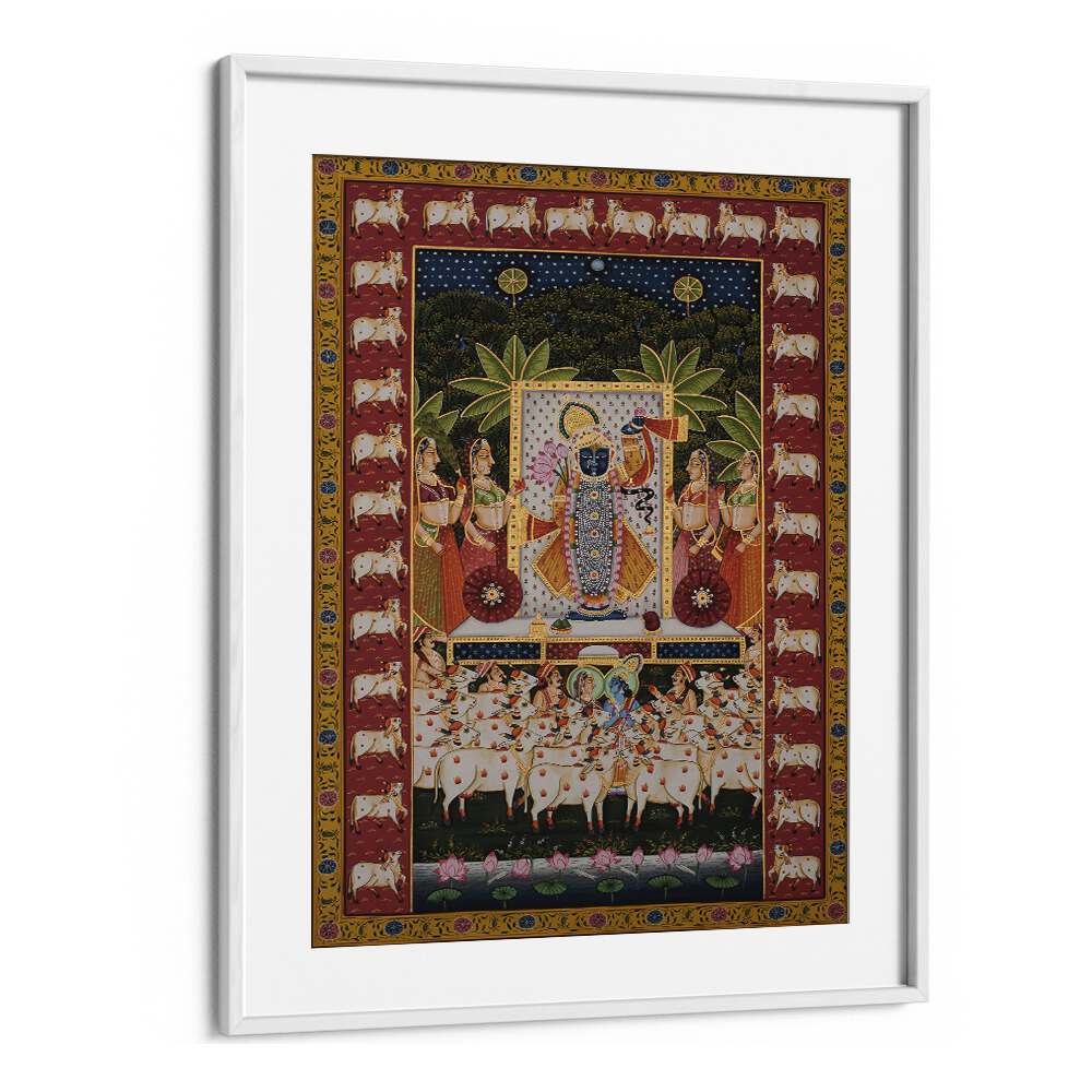PICHWAI ART III, INDIAN ART PAINTINGS captures Lord Krishna with Gopis and cows, adding elegance to any space.