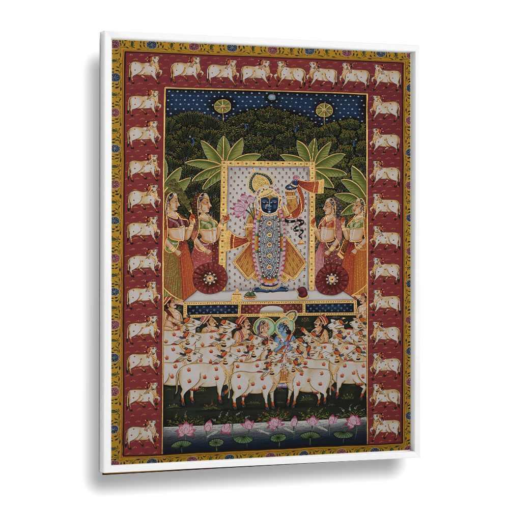 PICHWAI ART III, INDIAN ART PAINTINGS showcase Lord Krishna with Gopis and cows, enriching your space with elegance.