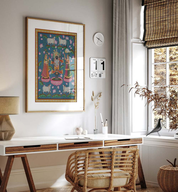 PICHWAI ART IV, INDIAN ART PAINTINGS showcase vibrant traditional craftsmanship in a contemporary setting.
