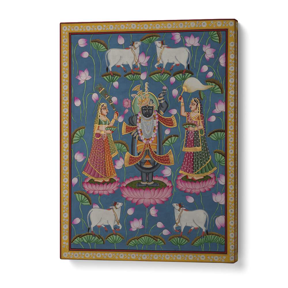 PICHWAI ART IV, INDIAN ART PAINTINGS showcase vibrant depictions of deities amid lush lotus blooms. Perfect for any decor.