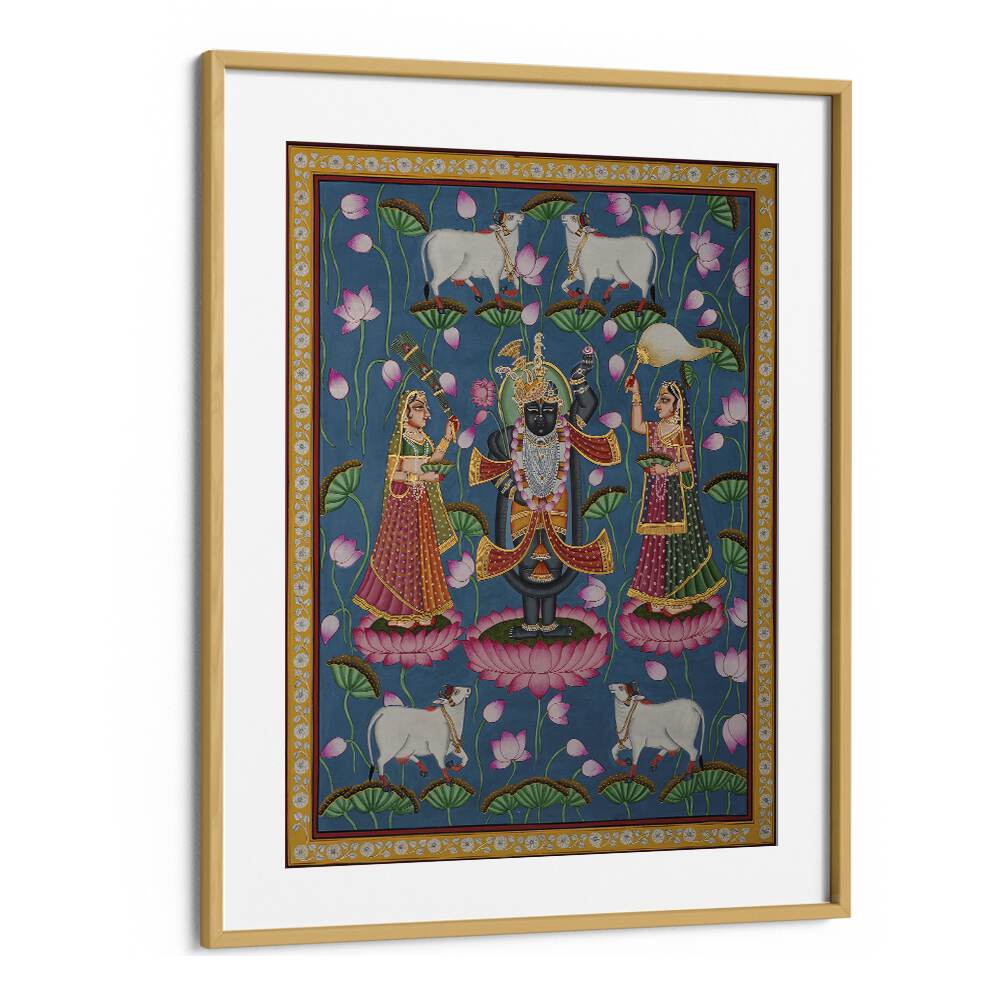 Elegant PICHWAI ART IV, INDIAN ART PAINTINGS showcasing vibrant deities and rich cultural heritage in a framed design.