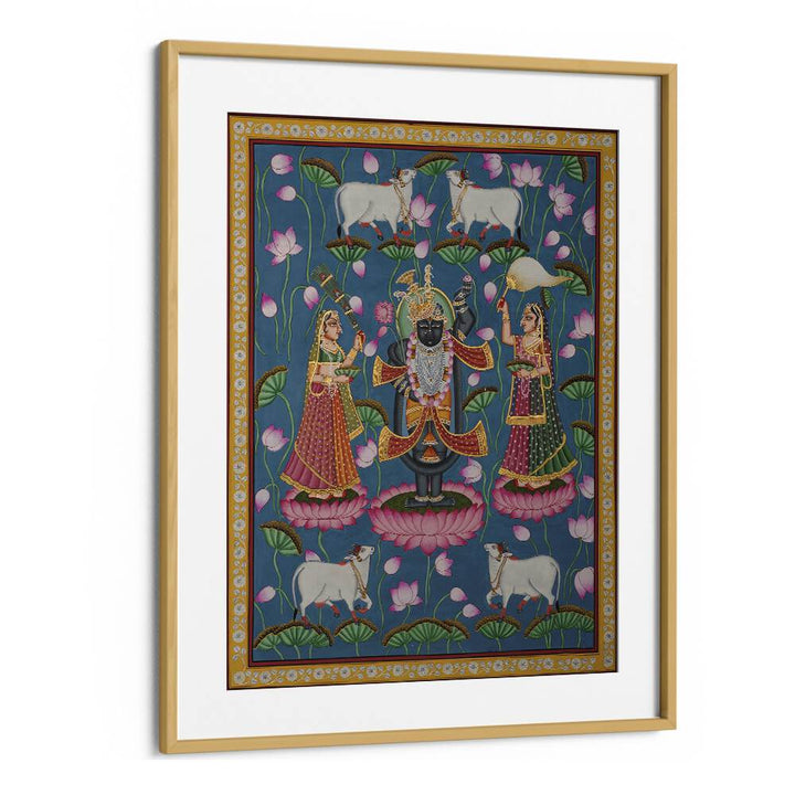 Elegant PICHWAI ART IV, INDIAN ART PAINTINGS showcasing vibrant deities and rich cultural heritage in a framed design.