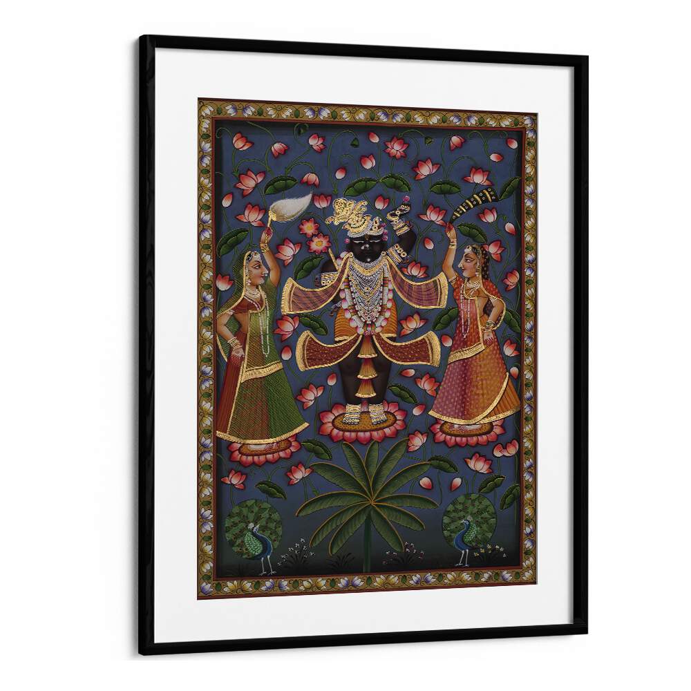 Exquisite PICHWAI ART V, INDIAN ART PAINTINGS in a black frame, showcasing vibrant Indian culture and craftsmanship.