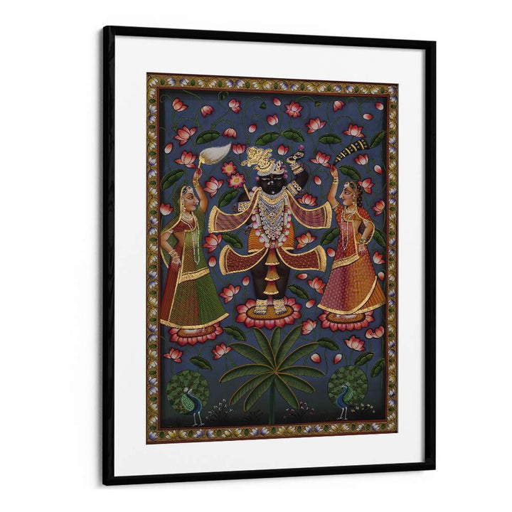 Exquisite PICHWAI ART V, INDIAN ART PAINTINGS in a black frame, showcasing vibrant Indian culture and craftsmanship.