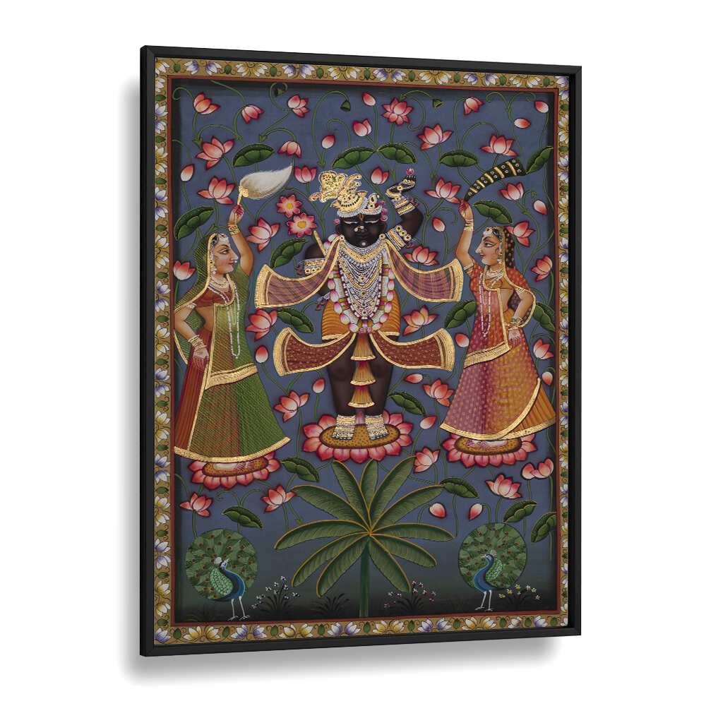 Exquisite PICHWAI ART V, INDIAN ART PAINTINGS in a black frame, showcasing vibrant Indian culture and craftsmanship.