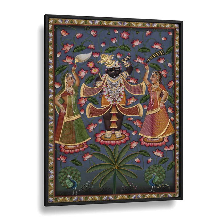 Exquisite PICHWAI ART V, INDIAN ART PAINTINGS in a black frame, showcasing vibrant Indian culture and craftsmanship.