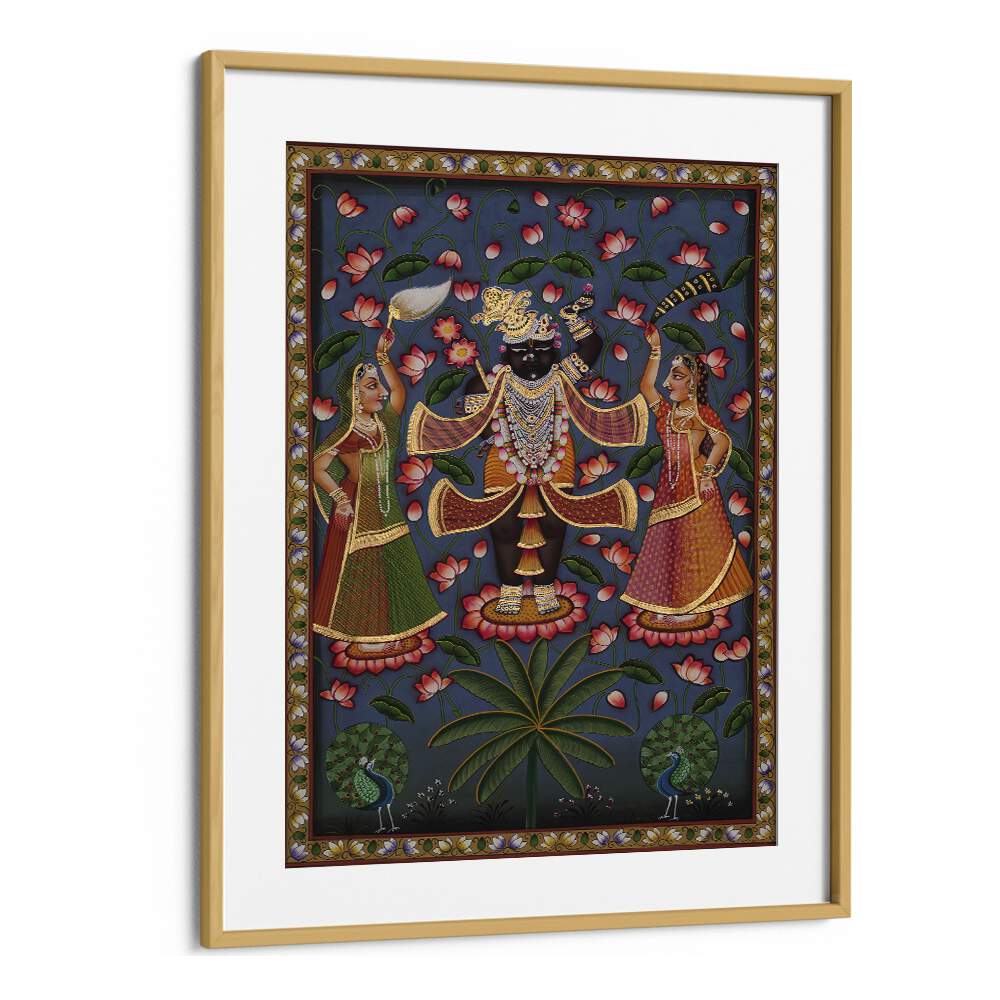 Stunning PICHWAI ART V, INDIAN ART PAINTINGS showcases vibrant Indian culture in an elegant oak wood frame.