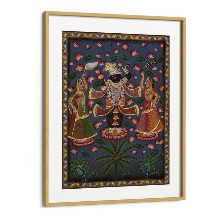 Stunning PICHWAI ART V, INDIAN ART PAINTINGS showcases vibrant Indian culture in an elegant oak wood frame.