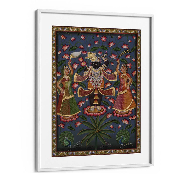Exquisite PICHWAI ART V, INDIAN ART PAINTINGS in a white frame, showcasing vibrant Indian culture and craftsmanship.
