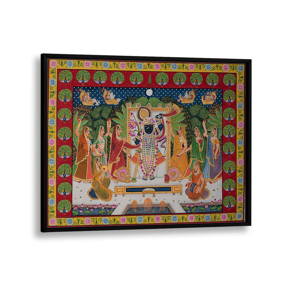 Vibrant PICHWAI ART VI, INDIAN ART PAINTINGS showcasing Rajasthan's rich heritage in a stunning black frame.