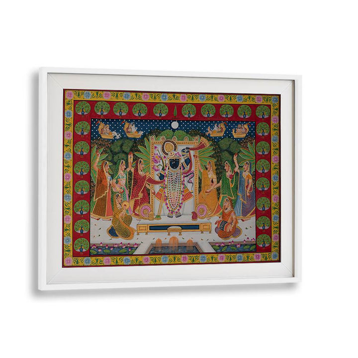 Vibrant PICHWAI ART VI, INDIAN ART PAINTINGS showcasing Rajasthan's rich heritage in an elegant white frame.