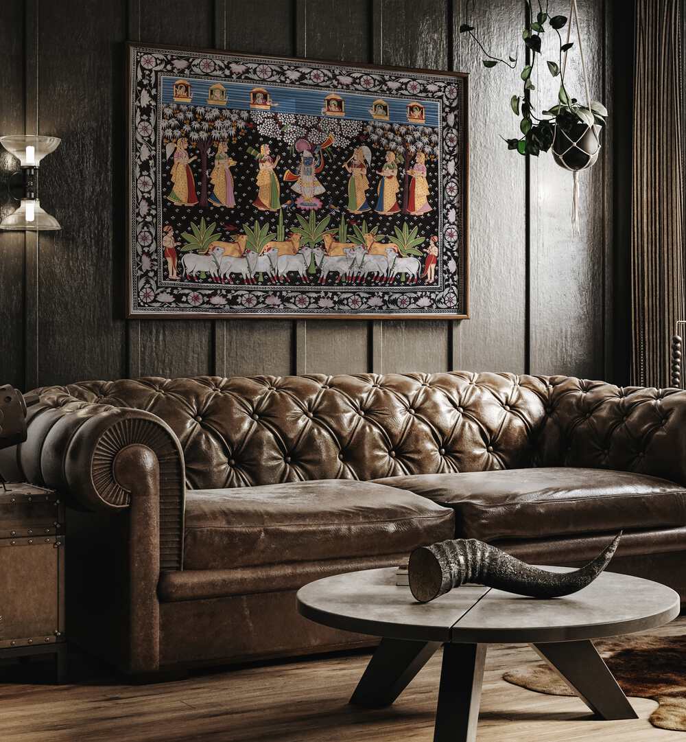 PICHWAI ART VII, INDIAN ART PAINTINGS adorn a chic living space, showcasing intricate craftsmanship and cultural legacy.