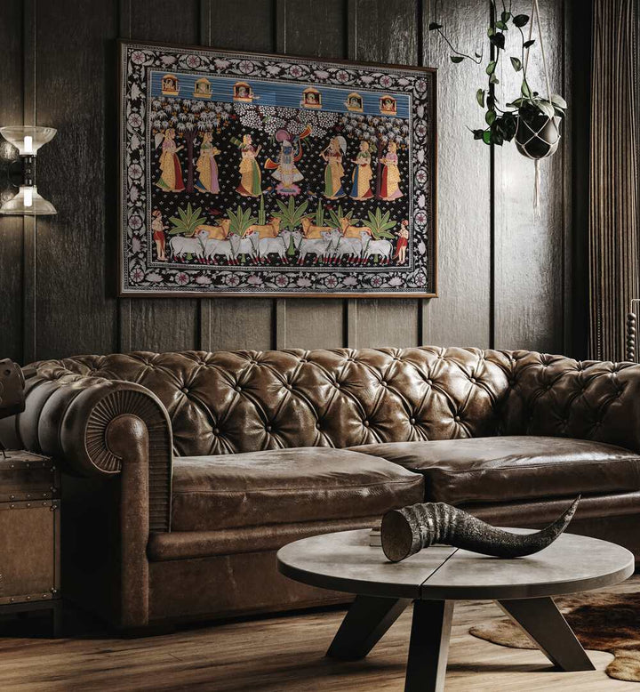 PICHWAI ART VII, INDIAN ART PAINTINGS adorn a chic living space, showcasing intricate craftsmanship and cultural legacy.