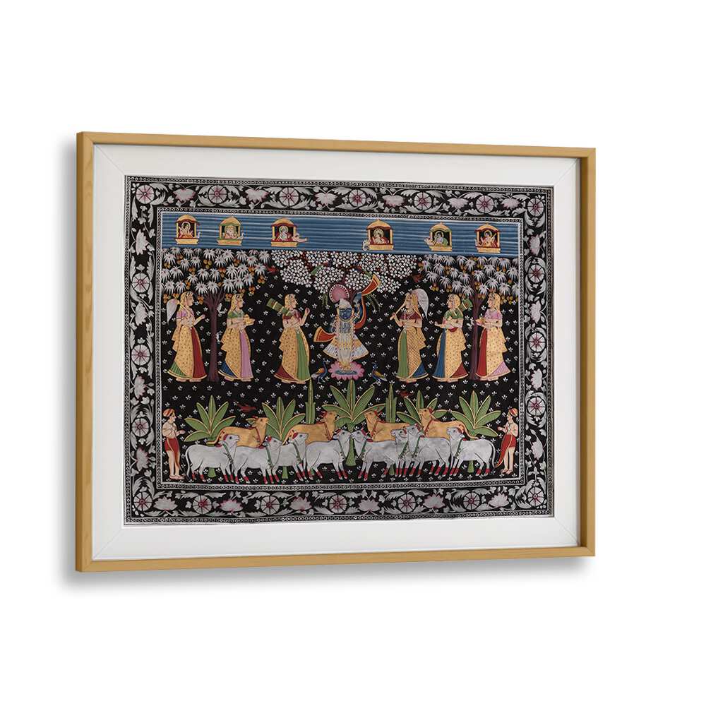 PICHWAI ART VII, INDIAN ART PAINTINGS showcasing vibrant scenes of Indian culture in an elegant oak wood frame.