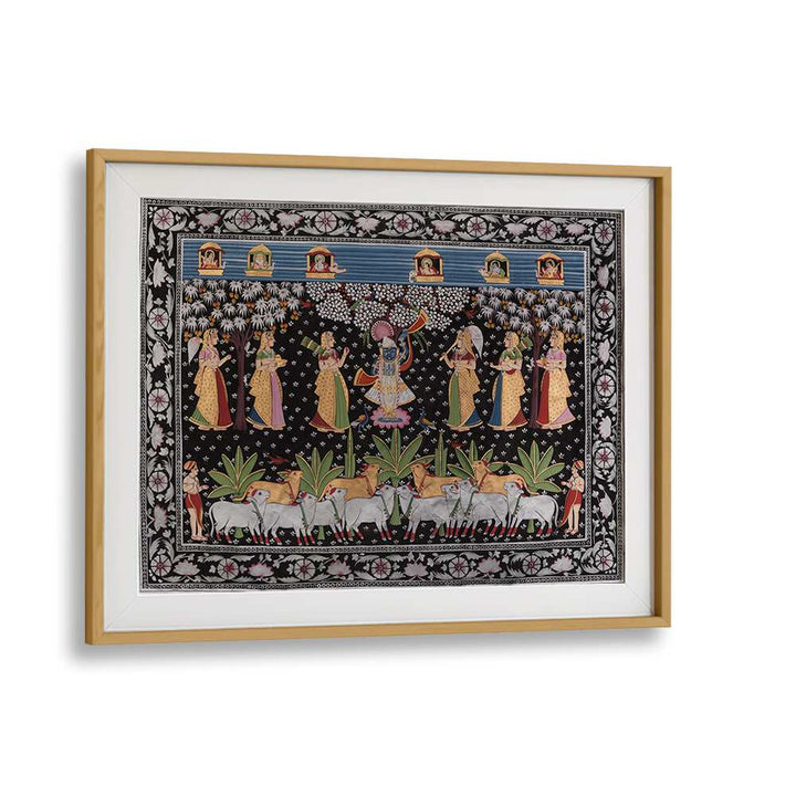 PICHWAI ART VII, INDIAN ART PAINTINGS showcasing vibrant scenes of Indian culture in an elegant oak wood frame.