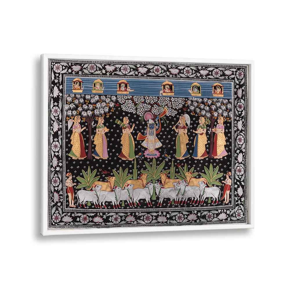 PICHWAI ART VII, INDIAN ART PAINTINGS showcases vibrant scenes of Indian culture and artistry in a sleek frame.