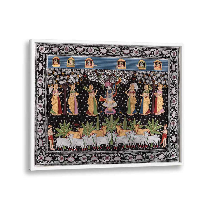 PICHWAI ART VII, INDIAN ART PAINTINGS showcases vibrant scenes of Indian culture and artistry in a sleek frame.