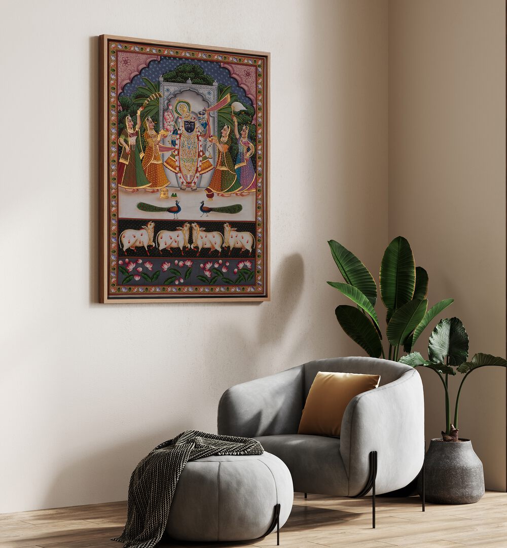 Vibrant PICHWAI ARTWORK, INDIAN ART PAINTINGS adorns a modern living space, blending tradition with elegance.