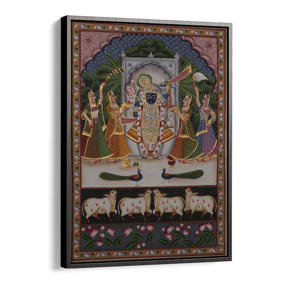 Vibrant PICHWAI ARTWORK, INDIAN ART PAINTINGS featuring traditional motifs and spiritual themes in a stylish frame.
