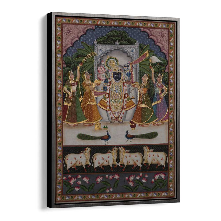 Vibrant PICHWAI ARTWORK, INDIAN ART PAINTINGS featuring traditional motifs and spiritual themes in a stylish frame.