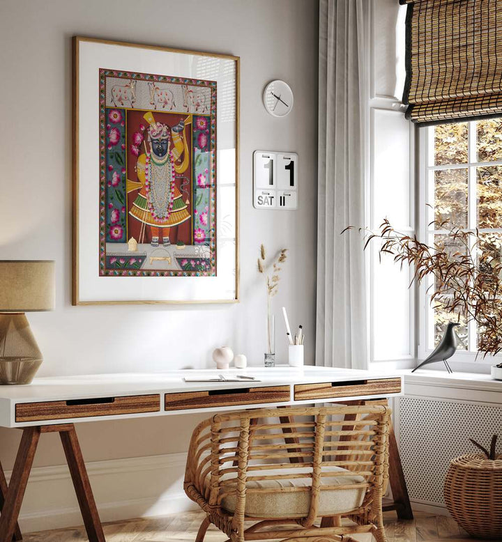 Vibrant PICHWAI I, INDIAN ART PAINTINGS adorn a stylish workspace, celebrating rich Indian cultural heritage.