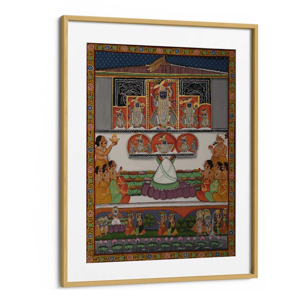 PICHWAI II, INDIAN ART PAINTINGS showcase vibrant cultural heritage in an elegant oak wood frame, perfect for any decor.