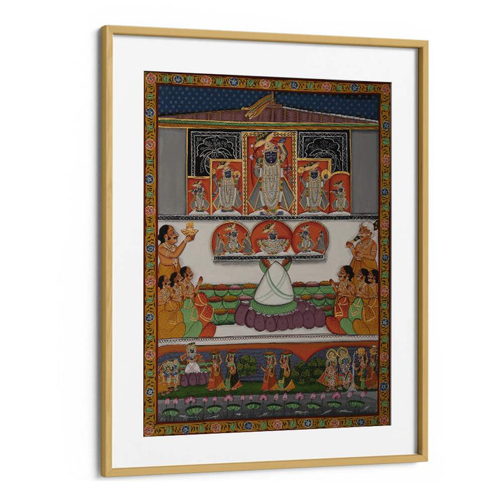PICHWAI II, INDIAN ART PAINTINGS showcase vibrant cultural heritage in an elegant oak wood frame, perfect for any decor.