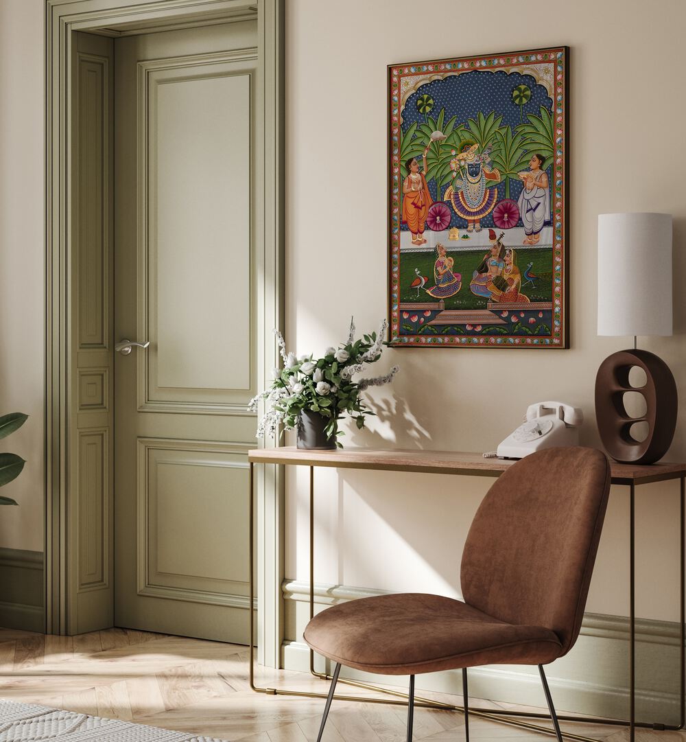 Vibrant PICHWAI, INDIAN ART PAINTINGS adorn a stylish interior, showcasing rich tradition and spirituality.