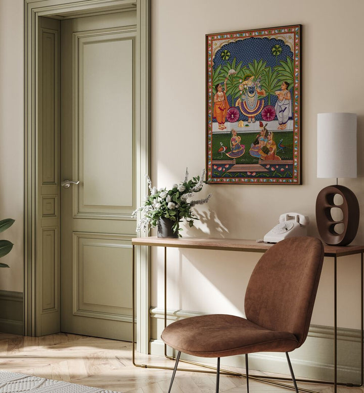 Vibrant PICHWAI, INDIAN ART PAINTINGS adorn a stylish interior, showcasing rich tradition and spirituality.
