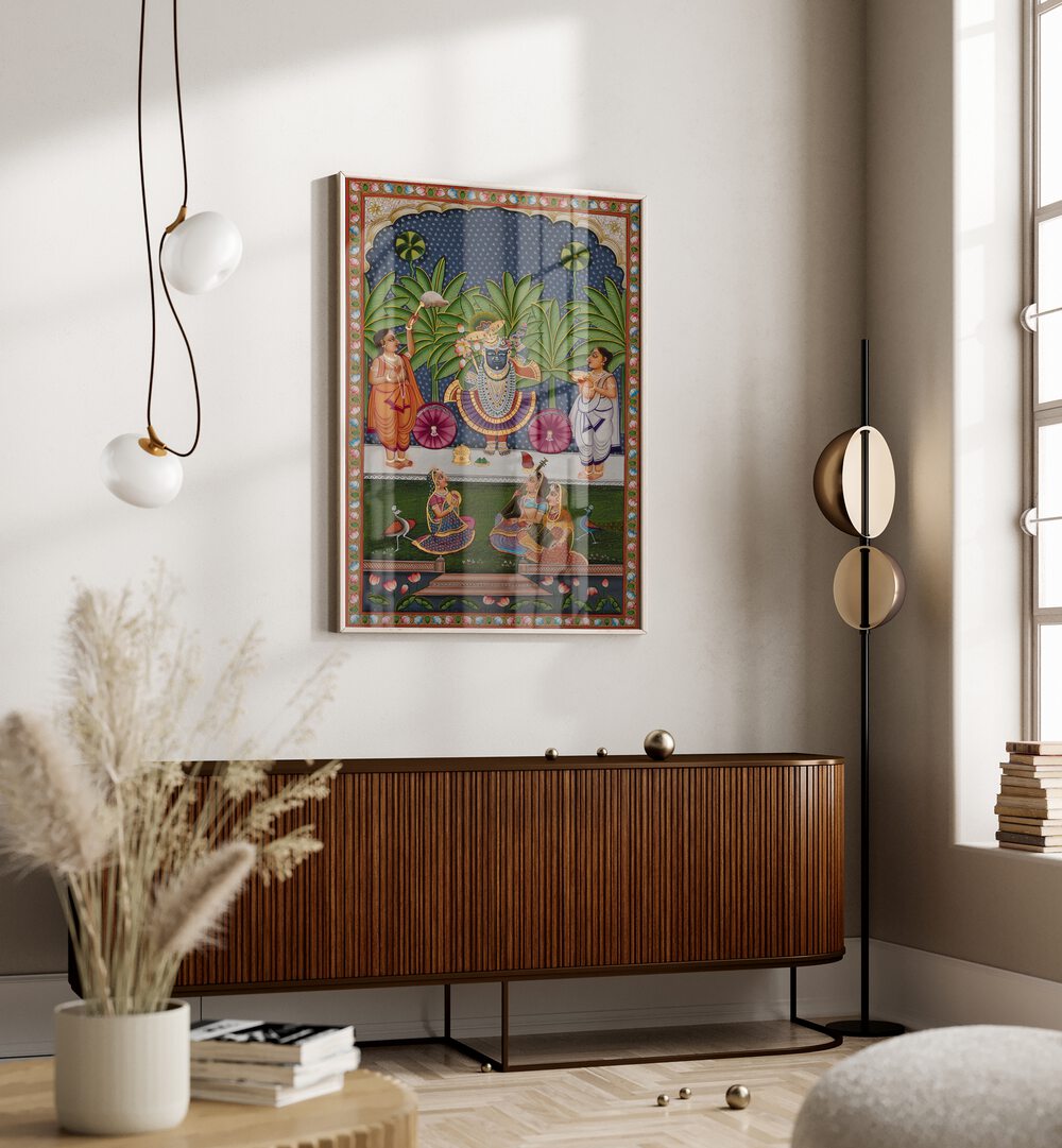 Vibrant PICHWAI, INDIAN ART PAINTINGS showcasing divine scenes, perfect for enriching your living space's spirituality.