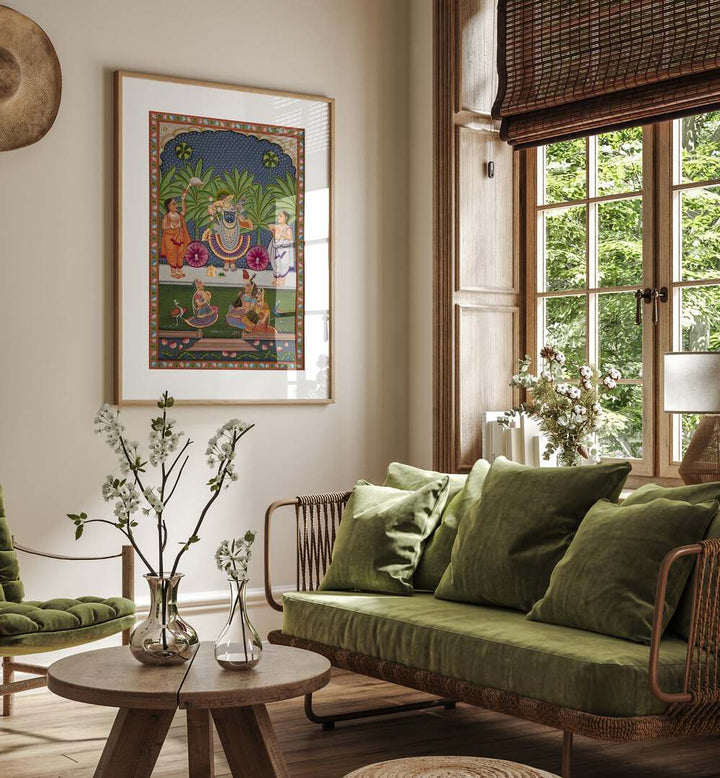 Elegant PICHWAI, INDIAN ART PAINTINGS displayed in a stylish living room, enhancing the decor with rich tradition.