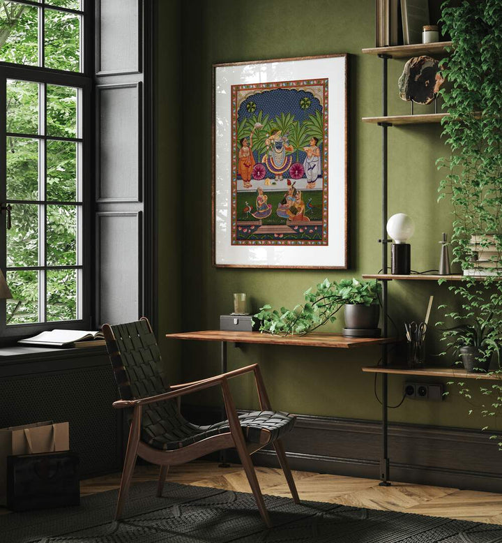 Vibrant PICHWAI, INDIAN ART PAINTINGS adorn a stylish room, showcasing rich tradition and spirituality in art.