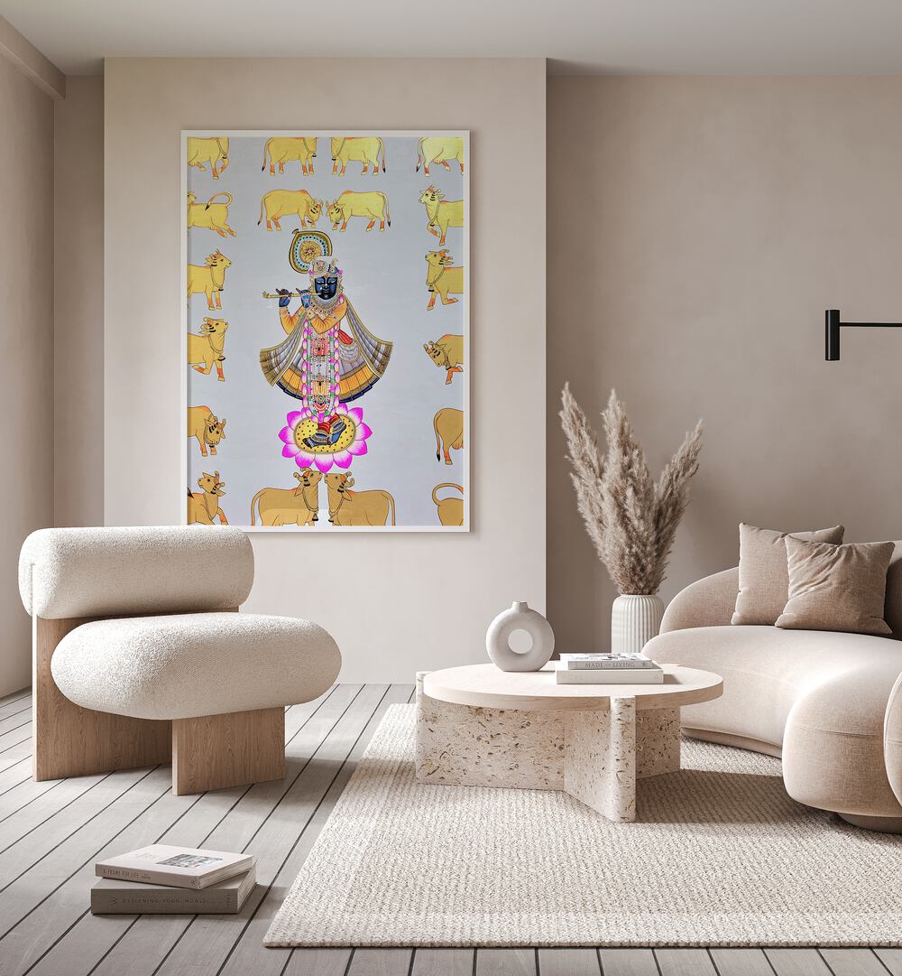 Vibrant PICHWAI PAINTINGS II, INDIAN ART PAINTINGS showcase India's rich cultural heritage in a stunning interior setting.
