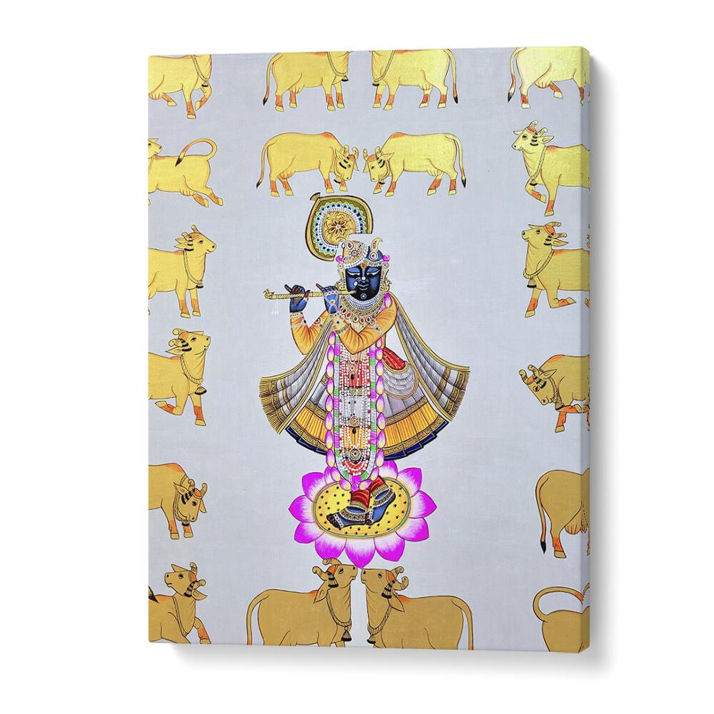 Vibrant PICHWAI PAINTINGS II, INDIAN ART PAINTINGS showcasing Lord Krishna surrounded by golden cows. Perfect for cultural decor.