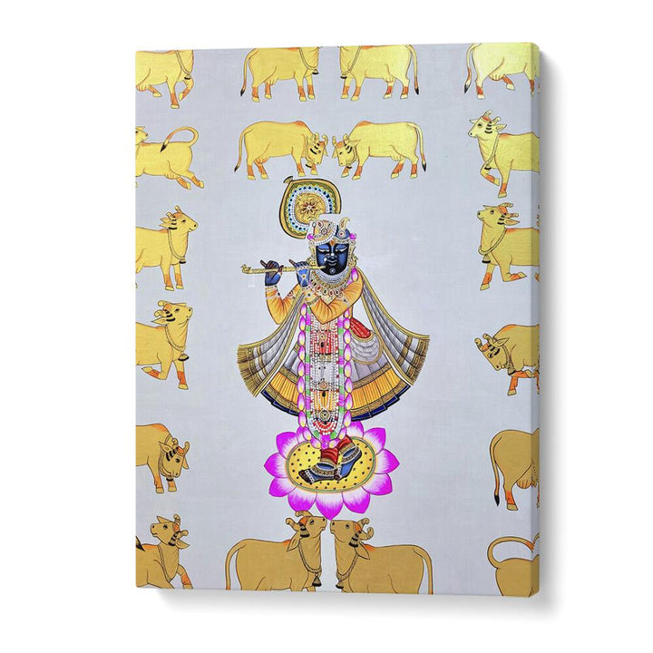 Vibrant PICHWAI PAINTINGS II, INDIAN ART PAINTINGS showcasing Lord Krishna surrounded by golden cows. Perfect for cultural decor.
