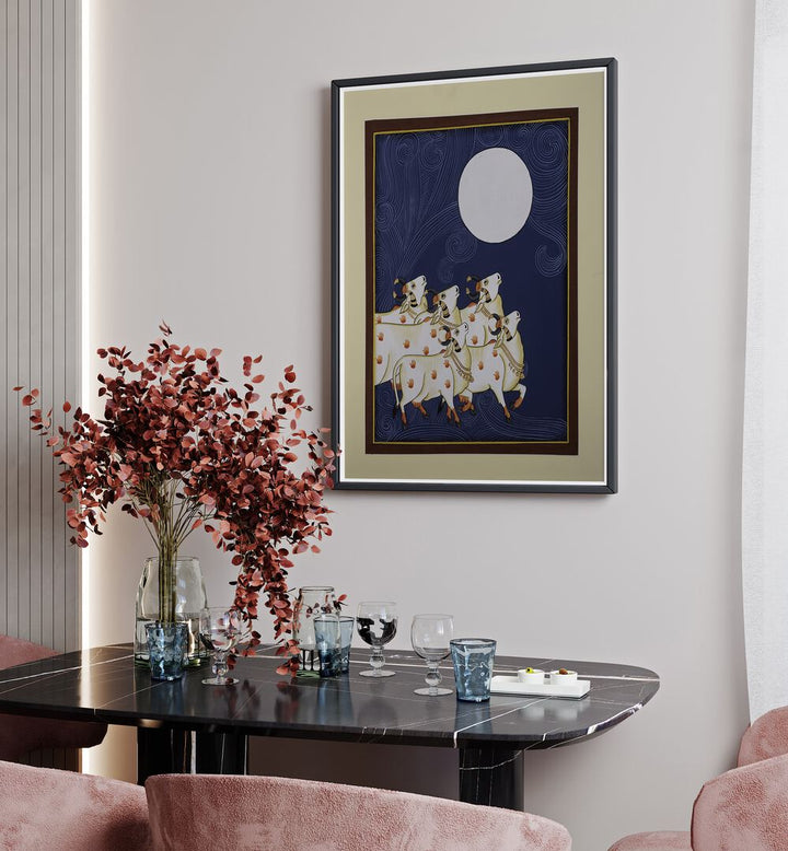 Framed PICHWAI PAINTINGS III, INDIAN ART PAINTINGS featuring serene cows under a full moon, perfect for your decor.